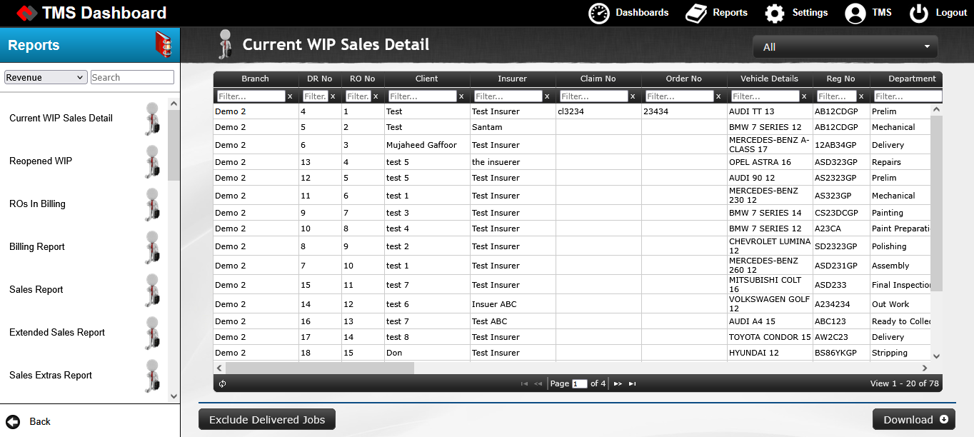 Screenshot of Reports section with WIP Sales Detail