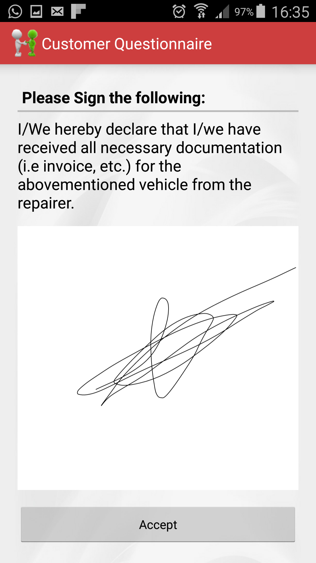Screenshot of customer questionnaire with signature option