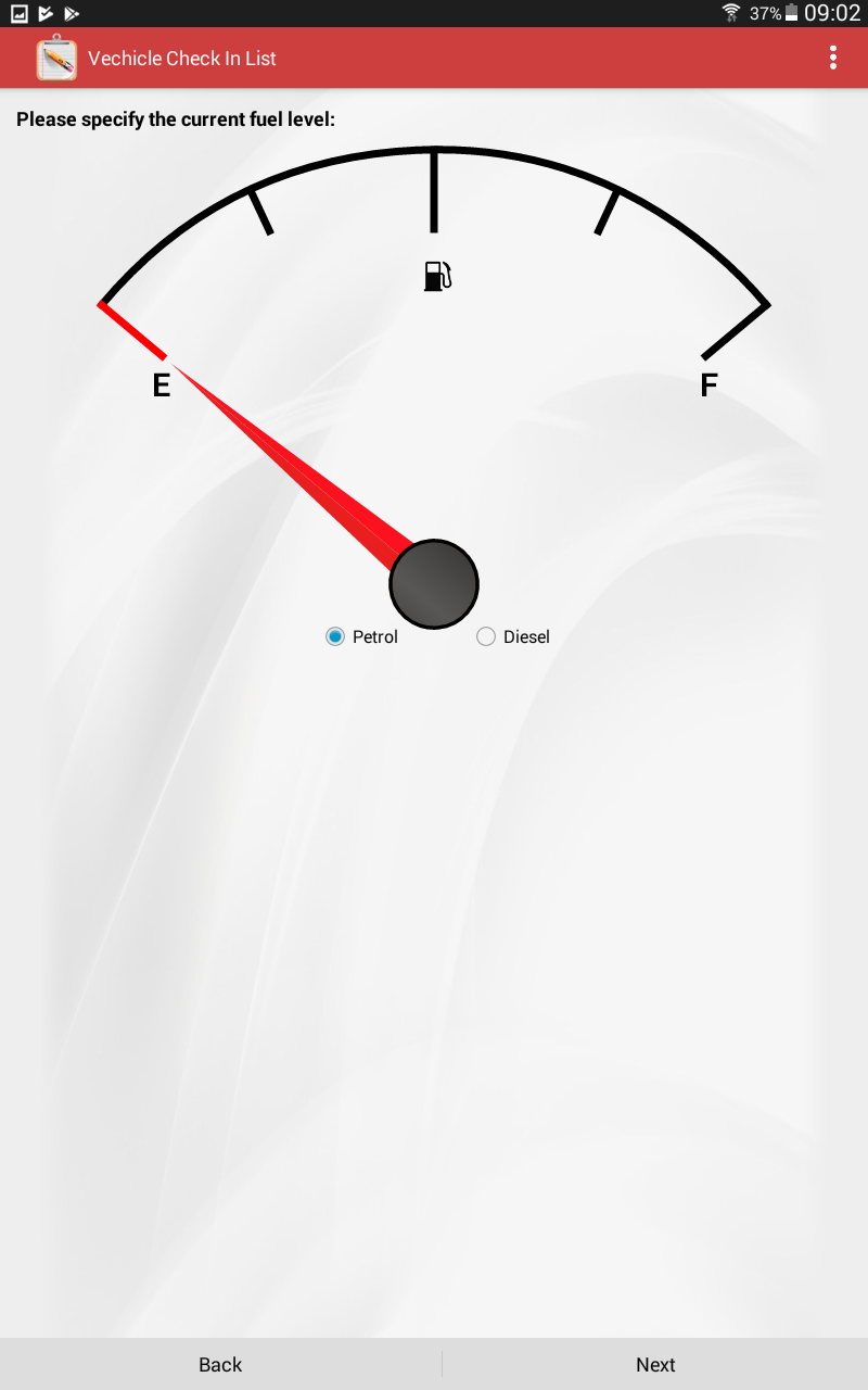 Screenshot of fuel indicator part of the vehicle check-in list