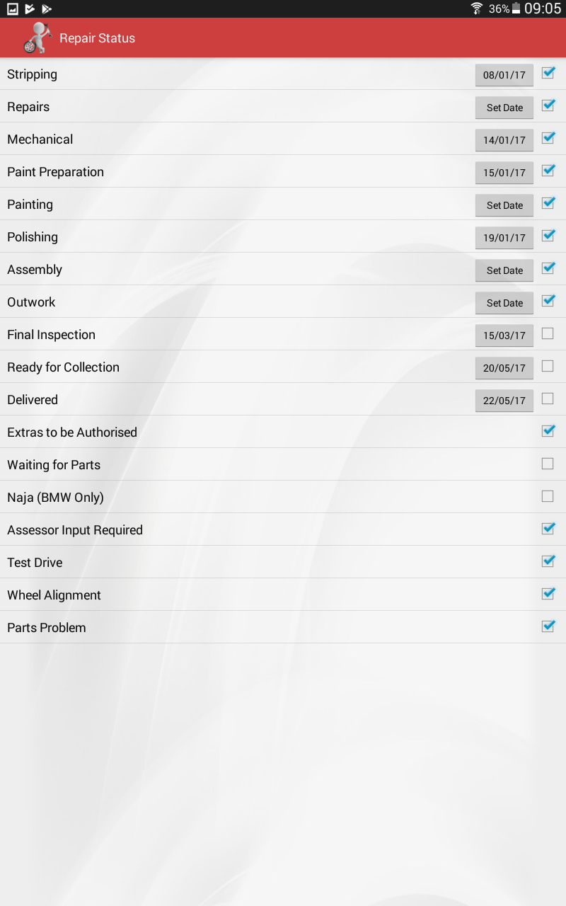 Screenshot listing all repair statuses in the app