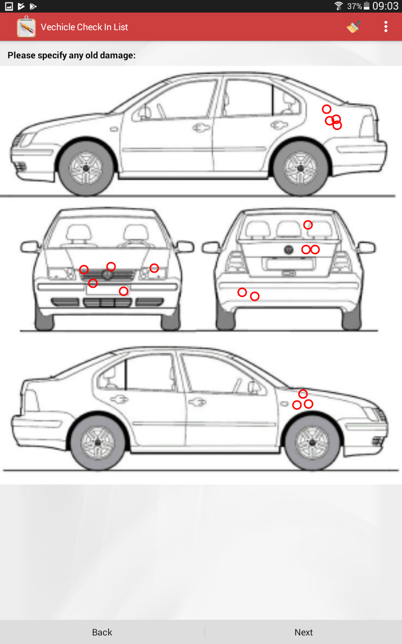 Screenshot of vehicle damage specification part of the check-in list