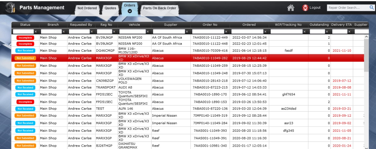 Screenshot showing list of parts orders