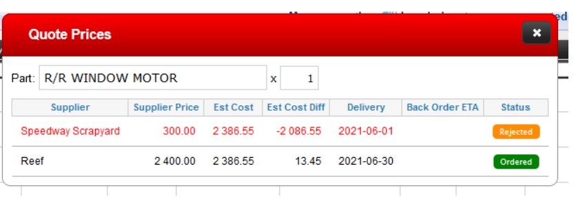 Screenshot showing quote prices from different suppliers