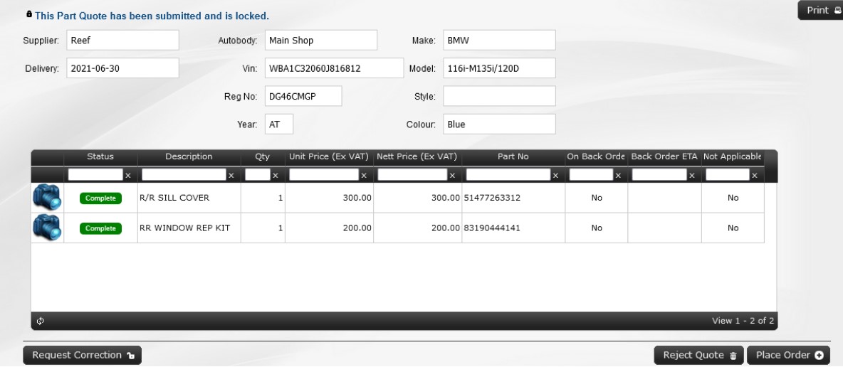 Screenshot showing submitted and locked orders